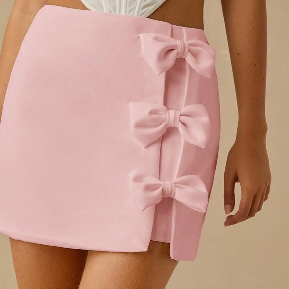 Coral Pink Casual Women's Elegant Bow Decor Mini Skirt - Picture 7 of 7